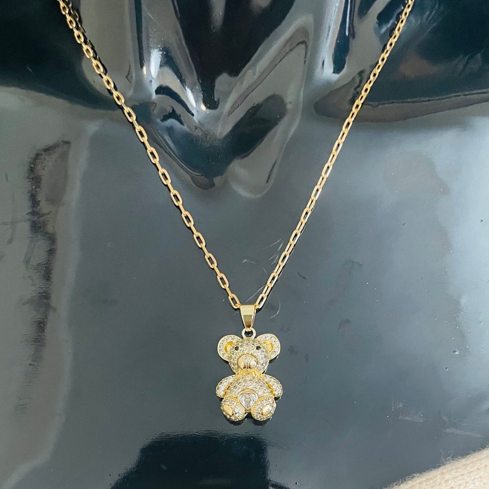 Iced Out Teddy Bear Paperclip Necklace 18K Yellow Gold Filled NWOT